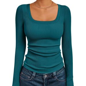 AUTOMET Womens Long Sleeve Shirts Square Neck Tops Ribbed Knit Basic Teen Girls Crop Tops Fall Outfits Fashion Clothes 2025(Bluegreen)