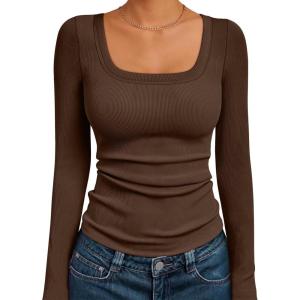 AUTOMET Womens Long Sleeve Shirts Square Neck Tops Ribbed Knit Basic Teen Girls Crop Tops Fall Outfits Fashion Clothes 2025(Brown)