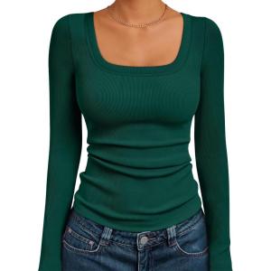 AUTOMET Womens Long Sleeve Shirts Square Neck Tops Ribbed Knit Basic Teen Girls Crop Tops Fall Outfits Fashion Clothes 2025(Darkgreen)