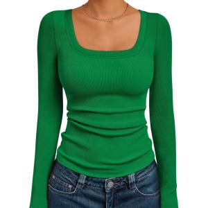 AUTOMET Womens Long Sleeve Shirts Square Neck Tops Ribbed Knit Basic Teen Girls Crop Tops Fall Outfits Fashion Clothes 2025(Green)