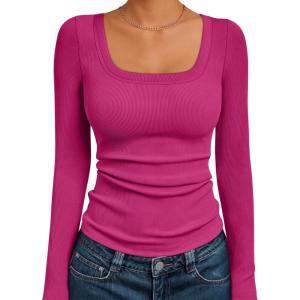 AUTOMET Womens Long Sleeve Shirts Square Neck Tops Ribbed Knit Basic Teen Girls Crop Tops Fall Outfits Fashion Clothes 2025(Hotpink)