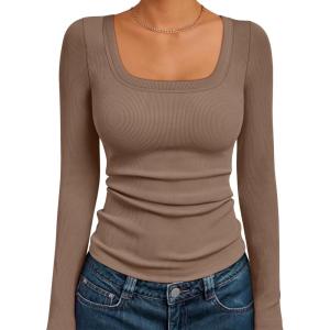 AUTOMET Womens Long Sleeve Shirts Square Neck Tops Ribbed Knit Basic Teen Girls Crop Tops Fall Outfits Fashion Clothes 2025(Khaki)