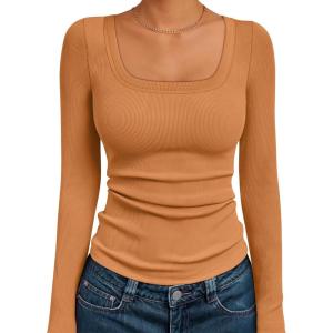 AUTOMET Womens Long Sleeve Shirts Square Neck Tops Ribbed Knit Basic Teen Girls Crop Tops Fall Outfits Fashion Clothes 2025(Orange)