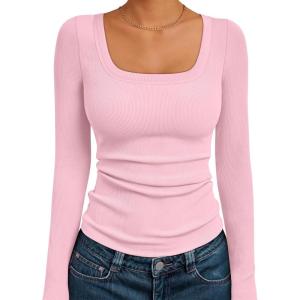 AUTOMET Womens Long Sleeve Shirts Square Neck Tops Ribbed Knit Basic Teen Girls Crop Tops Fall Outfits Fashion Clothes 2025(Pink)
