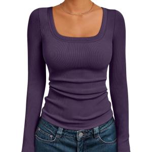 AUTOMET Womens Long Sleeve Shirts Square Neck Tops Ribbed Knit Basic Teen Girls Crop Tops Fall Outfits Fashion Clothes 2025(Purple)