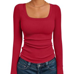 AUTOMET Womens Long Sleeve Shirts Square Neck Tops Ribbed Knit Basic Teen Girls Crop Tops Fall Outfits Fashion Clothes 2025(Red)