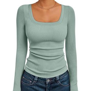 AUTOMET Womens Long Sleeve Shirts Square Neck Tops Ribbed Knit Basic Teen Girls Crop Tops Fall Outfits Fashion Clothes 2025(Sagegreen)