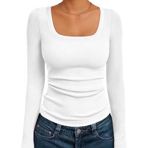 AUTOMET Womens Long Sleeve Shirts Square Neck Tops Ribbed Knit Basic Teen Girls Crop Tops Fall Outfits Fashion Clothes 2025(White)