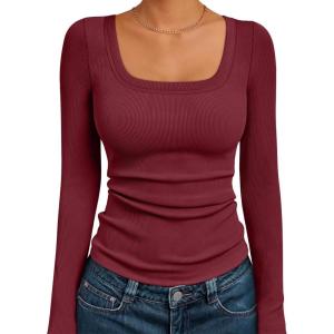 AUTOMET Womens Long Sleeve Shirts Square Neck Tops Ribbed Knit Basic Teen Girls Crop Tops Fall Outfits Fashion Clothes 2025(Wine)