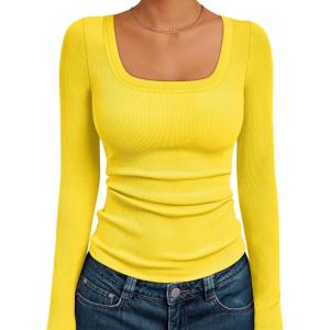 AUTOMET Womens Long Sleeve Shirts Square Neck Tops Ribbed Knit Basic Teen Girls Crop Tops Fall Outfits Fashion Clothes 2025(Yellow)