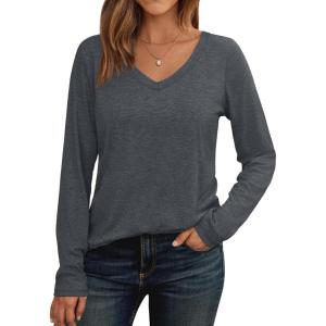 AUTOMET Womens Long Sleeve Shirts V Neck Casual Tops Loose Dressy Basic Fall Fashion Trendy Outfits Winter Clothes(Blackgrey)
