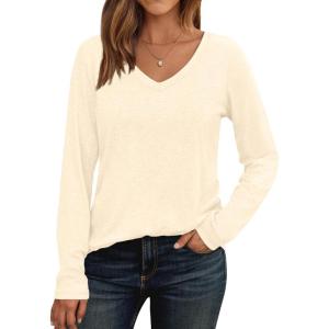 AUTOMET Womens Long Sleeve Shirts V Neck Casual Tops Loose Dressy Basic Fall Fashion Trendy Outfits Winter Clothes(Cream)