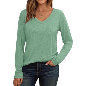 AUTOMET Womens Long Sleeve Shirts V Neck Casual Tops Loose Dressy Basic Fall Fashion Trendy Outfits Winter Clothes(Green)