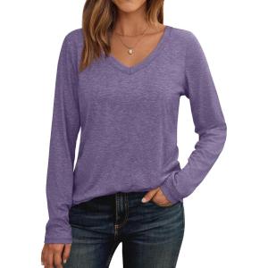 AUTOMET Womens Long Sleeve Shirts V Neck Casual Tops Loose Dressy Basic Fall Fashion Trendy Outfits Winter Clothes(Lavender)