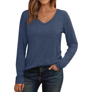 AUTOMET Womens Long Sleeve Shirts V Neck Casual Tops Loose Dressy Basic Fall Fashion Trendy Outfits Winter Clothes(Navy)