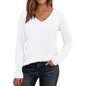 AUTOMET Womens Long Sleeve Shirts V Neck Casual Tops Loose Dressy Basic Fall Fashion Trendy Outfits Winter Clothes(White)