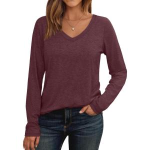 AUTOMET Womens Long Sleeve Shirts V Neck Casual Tops Loose Dressy Basic Fall Fashion Trendy Outfits Winter Clothes(Wine Red)