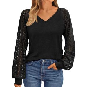 AUTOMET Womens Long Sleeve Shirts V-Neck Lace Tops Business Casual Blouses Tee Trendy 2025 Fall Fashion Outfits Clothes(Black)