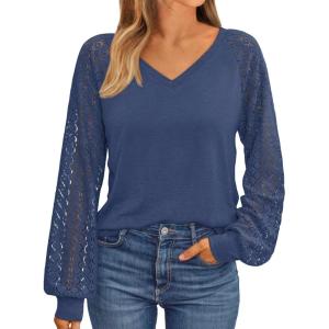 AUTOMET Womens Long Sleeve Shirts V-Neck Lace Tops Business Casual Blouses Tee Trendy 2025 Fall Fashion Outfits Clothes(Blue)