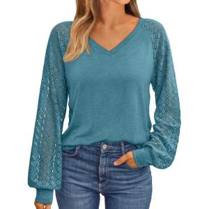 AUTOMET Womens Long Sleeve Shirts V-Neck Lace Tops Business Casual Blouses Tee Trendy 2025 Fall Fashion Outfits Clothes(Bluegreen)