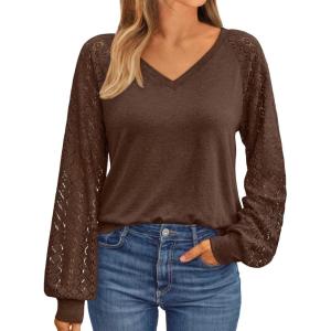 AUTOMET Womens Long Sleeve Shirts V-Neck Lace Tops Business Casual Blouses Tee Trendy 2025 Fall Fashion Outfits Clothes(Brown)