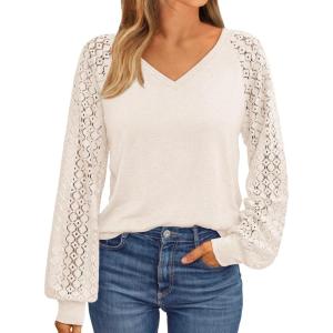 AUTOMET Womens Long Sleeve Shirts V-Neck Lace Tops Business Casual Blouses Tee Trendy 2025 Fall Fashion Outfits Clothes(Cream)