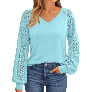 AUTOMET Womens Long Sleeve Shirts V-Neck Lace Tops Business Casual Blouses Tee Trendy 2025 Fall Fashion Outfits Clothes(Cyan)