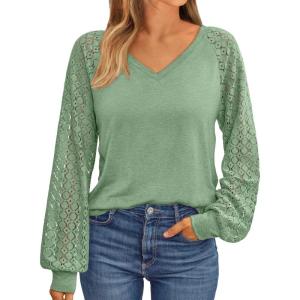 AUTOMET Womens Long Sleeve Shirts V-Neck Lace Tops Business Casual Blouses Tee Trendy 2025 Fall Fashion Outfits Clothes(Green)