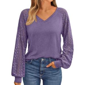 AUTOMET Womens Long Sleeve Shirts V-Neck Lace Tops Business Casual Blouses Tee Trendy 2025 Fall Fashion Outfits Clothes(Greypurple)