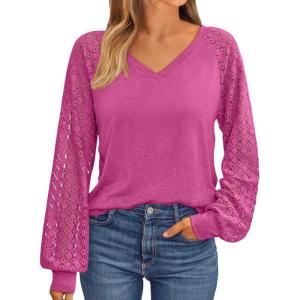AUTOMET Womens Long Sleeve Shirts V-Neck Lace Tops Business Casual Blouses Tee Trendy 2025 Fall Fashion Outfits Clothes(Hotpink)