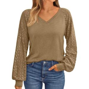 AUTOMET Womens Long Sleeve Shirts V-Neck Lace Tops Business Casual Blouses Tee Trendy 2025 Fall Fashion Outfits Clothes(Khaki)