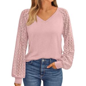 AUTOMET Womens Long Sleeve Shirts V-Neck Lace Tops Business Casual Blouses Tee Trendy 2025 Fall Fashion Outfits Clothes(Pink)