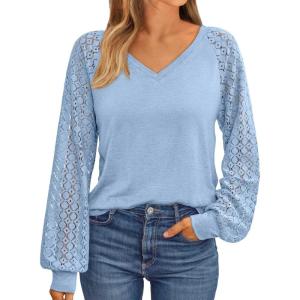 AUTOMET Womens Long Sleeve Shirts V-Neck Lace Tops Business Casual Blouses Tee Trendy 2025 Fall Fashion Outfits Clothes(Skyblue)