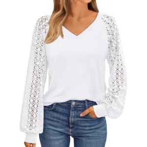 AUTOMET Womens Long Sleeve Shirts V-Neck Lace Tops Business Casual Blouses Tee Trendy 2025 Fall Fashion Outfits Clothes(White)