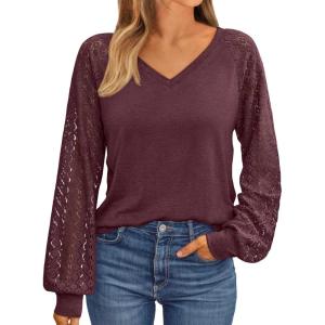 AUTOMET Womens Long Sleeve Shirts V-Neck Lace Tops Business Casual Blouses Tee Trendy 2025 Fall Fashion Outfits Clothes(Winered)