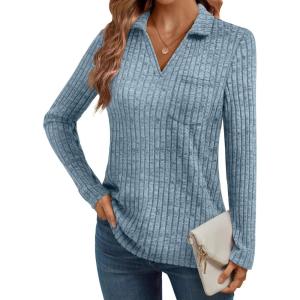 AUTOMET Womens Long Sleeve Tops Casual Collared Polo Shirts V Neck Tunic Sweaters Fall Fashion Dressy Winter Clothes 2025(Blue)