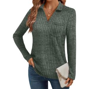AUTOMET Womens Long Sleeve Tops Casual Collared Polo Shirts V Neck Tunic Sweaters Fall Fashion Dressy Winter Clothes 2025(Green)