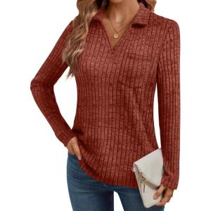 AUTOMET Womens Long Sleeve Tops Casual Collared Polo Shirts V Neck Tunic Sweaters Fall Fashion Dressy Winter Clothes 2025(Maple)