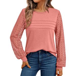 AUTOMET Women’s Long Sleeve Tops Dressy Casual Shirts 2025 Fall Outfits Lace Business Blouses Cute T-Shirts Work Clothes(Coral)
