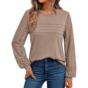 AUTOMET Women’s Long Sleeve Tops Dressy Casual Shirts 2025 Fall Outfits Lace Business Blouses Cute T-Shirts Work Clothes(Khaki)