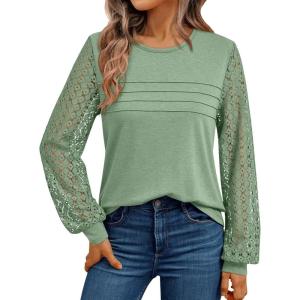AUTOMET Women’s Long Sleeve Tops Dressy Casual Shirts 2025 Fall Outfits Lace Business Blouses Cute T-Shirts Work Clothes(Light Green)