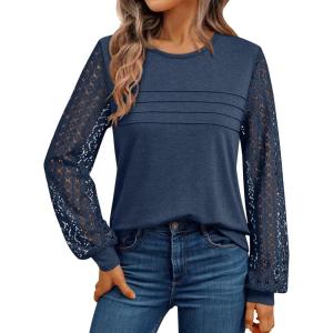 AUTOMET Women’s Long Sleeve Tops Dressy Casual Shirts 2025 Fall Outfits Lace Business Blouses Cute T-Shirts Work Clothes(Navy)