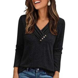 AUTOMET Womens Long Sleeve Tunic Top V Neck Button Shirts 2025 Dressy Casual Business Blouses(Black)