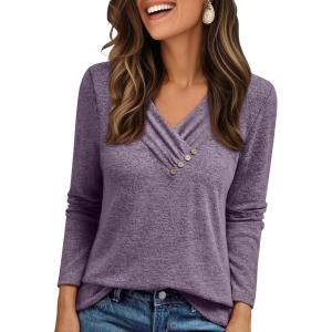 AUTOMET Womens Long Sleeve Tunic Top V Neck Button Shirts 2025 Dressy Casual Business Blouses(Purple)
