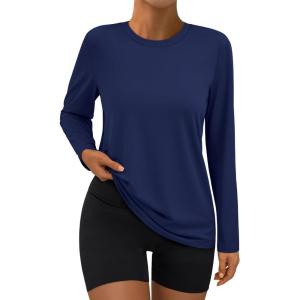 AUTOMET Women’s Long Sleeve Workout Tops 2025 Fall Sports Sun Shirts Swim Hiking Gym Tshirts UPF 50+ Rash Guard UV Clothes(Navy)
