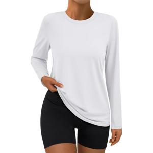AUTOMET Women’s Long Sleeve Workout Tops 2025 Fall Sports Sun Shirts Swim Hiking Gym Tshirts UPF 50+ Rash Guard UV Clothes(White)