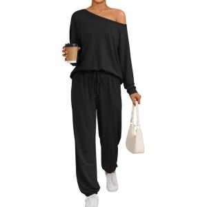 AUTOMET Womens Lounge Sets 2 Piece Matching Pajamas Travel Airport Fall Outfits Cute Pjs Off Shoulder Tops Loungewear(Black)