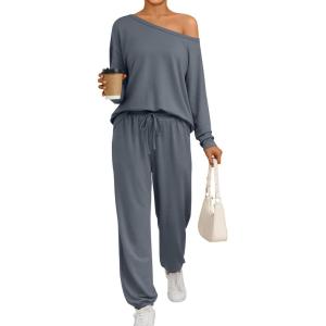 AUTOMET Womens Lounge Sets 2 Piece Matching Pajamas Travel Airport Fall Outfits Cute Pjs Off Shoulder Tops Loungewear(Grey)