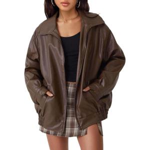 AUTOMET Womens Oversized Leather Jackets Faux Suede Fall Fashion Motorcycle Coats Winter Outfits Clothes Y2k Tops(Brown)