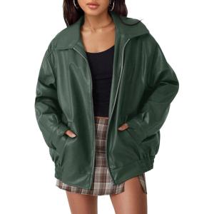 AUTOMET Womens Oversized Leather Jackets Faux Suede Fall Fashion Motorcycle Coats Winter Outfits Clothes Y2k Tops(Christmasgreen)
